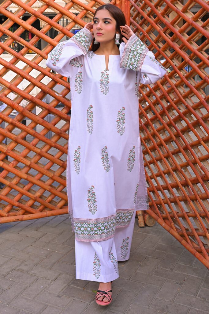Blossom Beauty 2-Piece White Pink & Green Block Printed Dress
