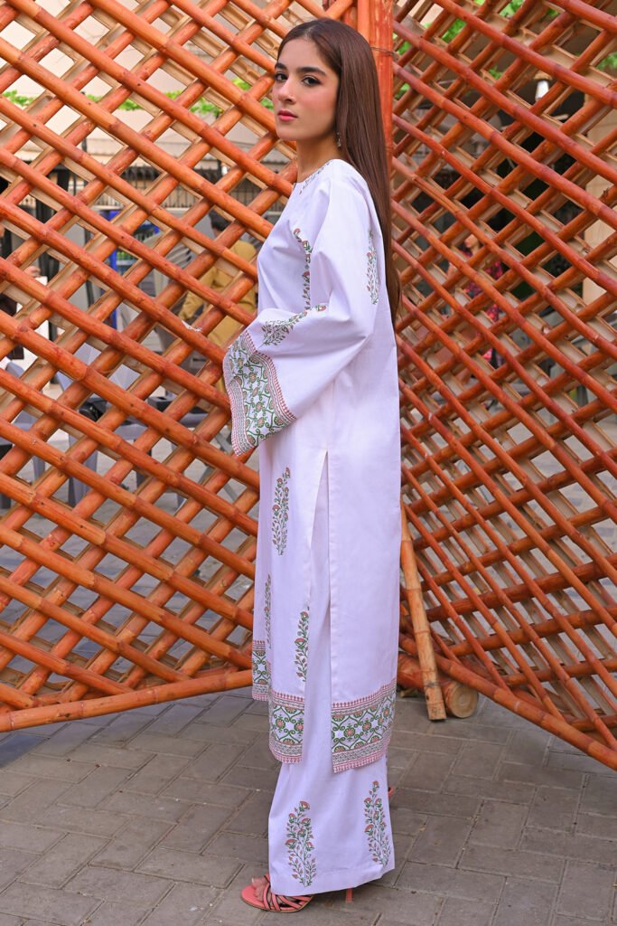 Blossom Beauty 2-Piece White Pink & Green Block Printed Dress