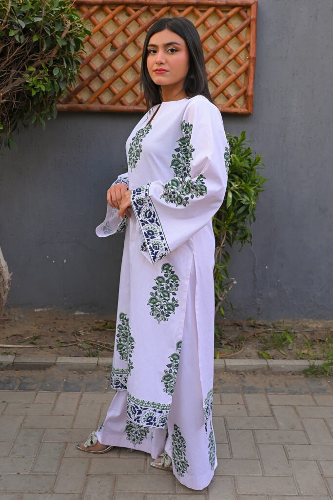Sapphire Serenity: 2-Piece Blue White and Green Block Printed Dress