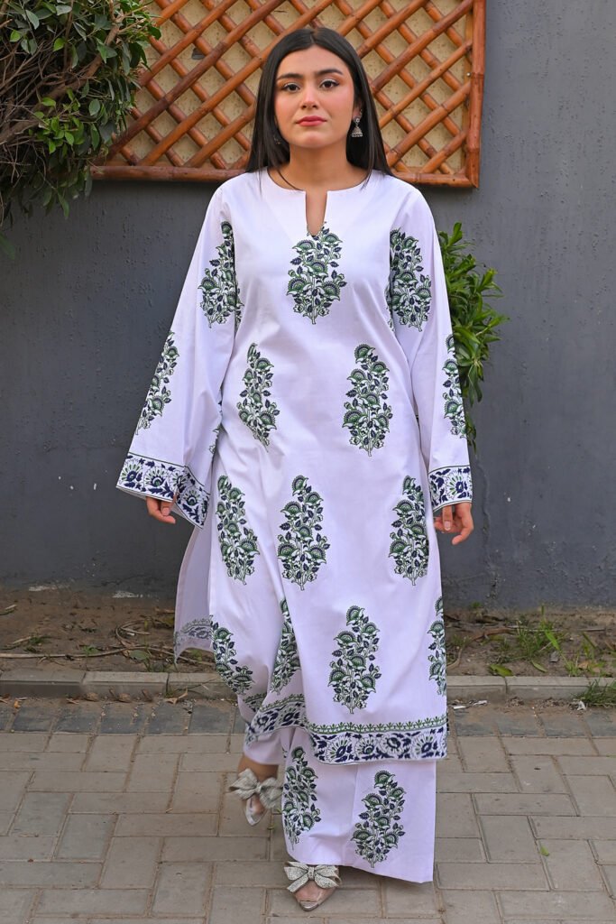 Sapphire Serenity: 2-Piece Blue White and Green Block Printed Dress