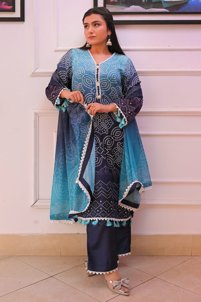 Chunri Special: 3-Piece Navy- & Sky-Blue Chunri Printed Suit