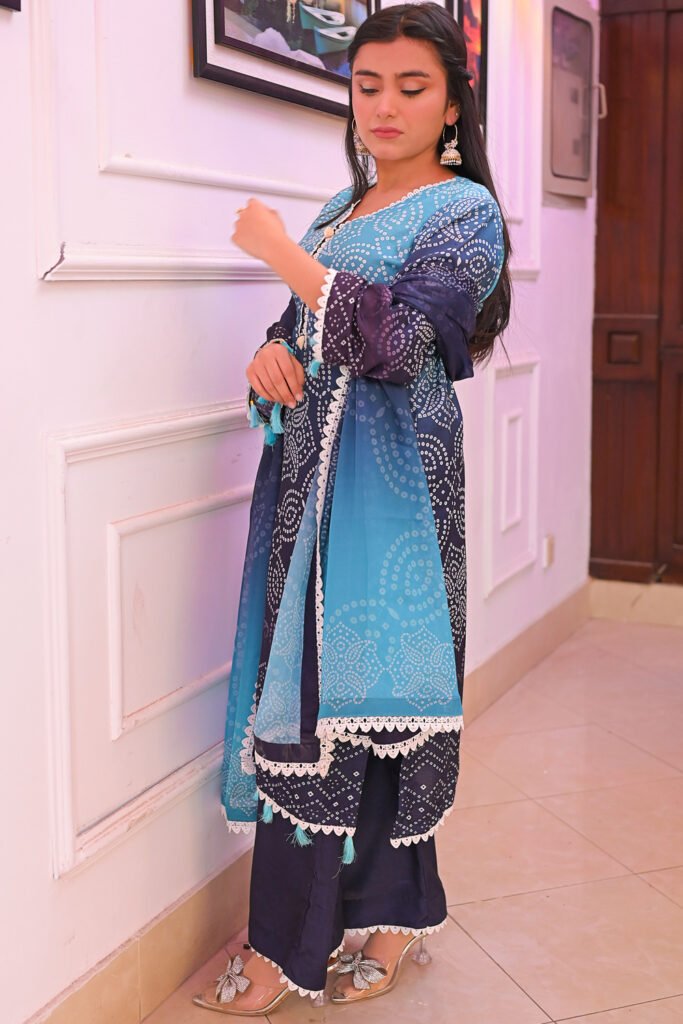 Chunri Special: 3-Piece Navy- & Sky-Blue Chunri Printed Suit