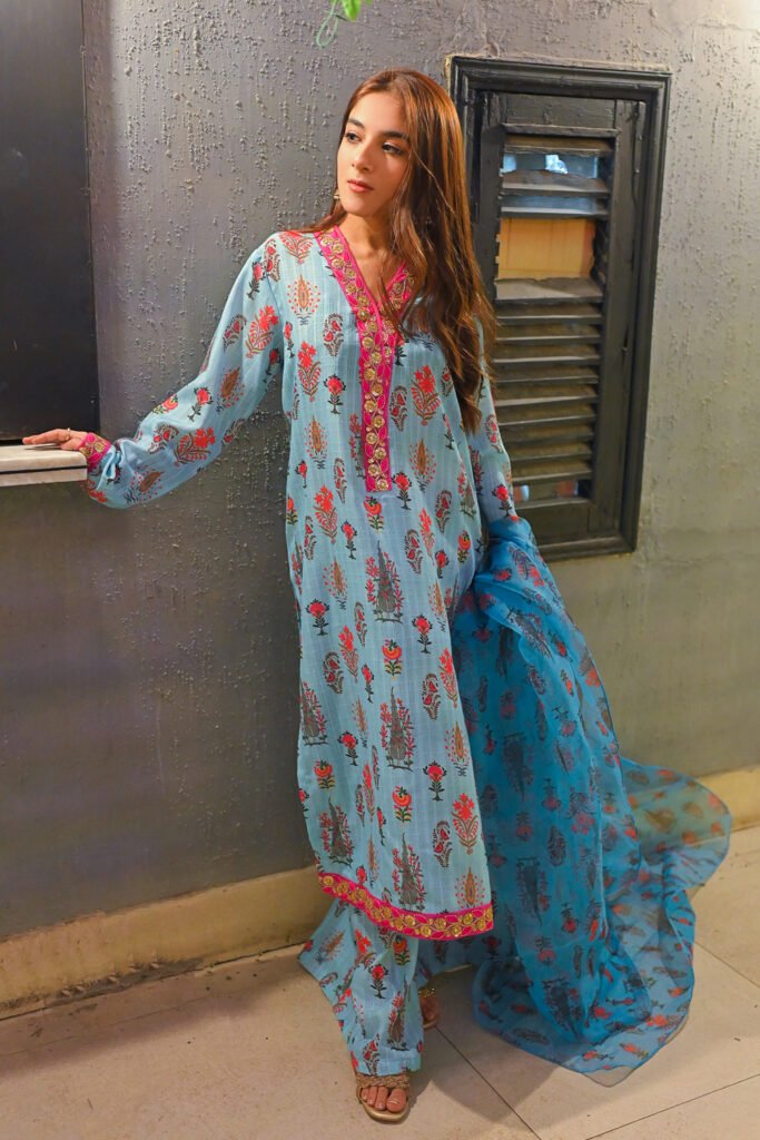 Sapphire : 3-Piece Floral printed Sky Blue Suit
