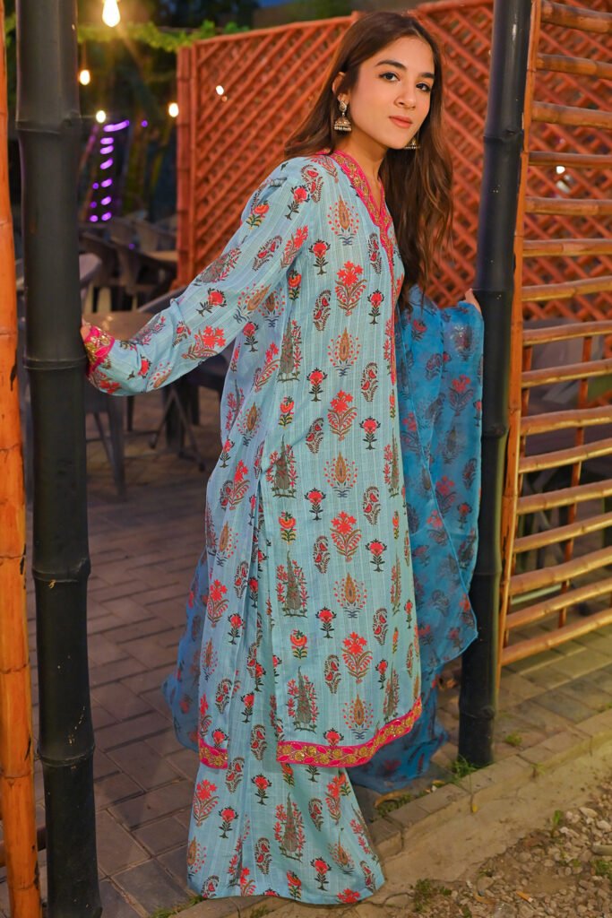 Sapphire : 3-Piece Floral printed Sky Blue Suit